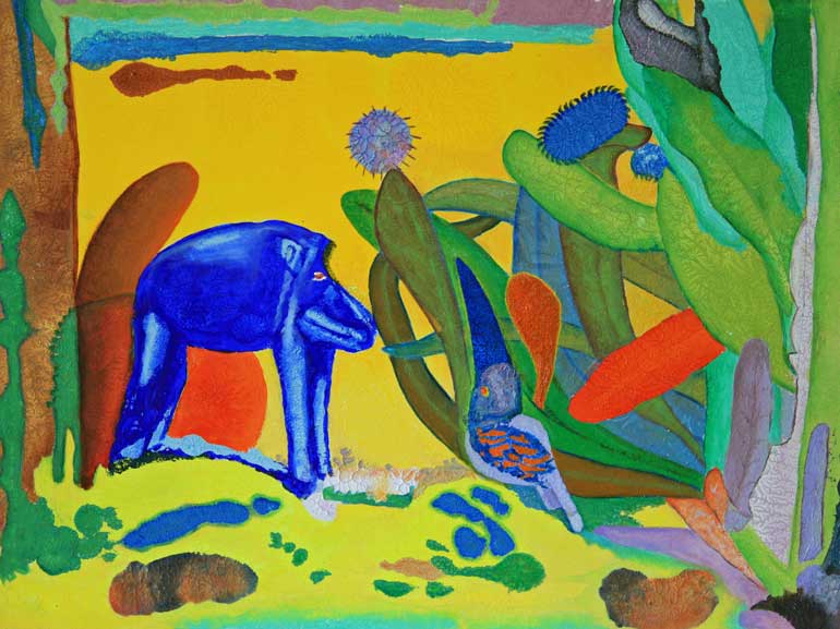 Abstract painting of a baboon in the jungle