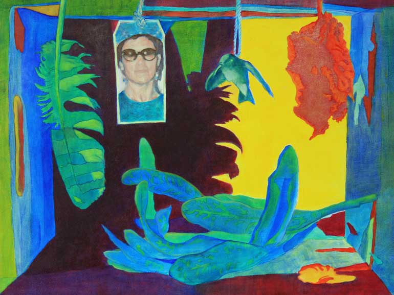 Abstract painting of a bird and the artist