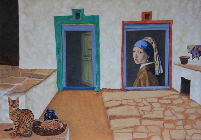 Painting of an Old Master along with Annari's Bengal cat, Bijou