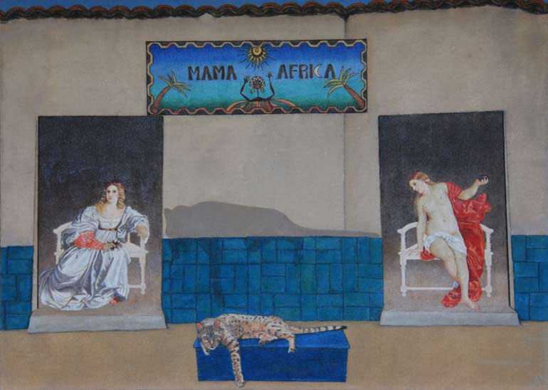Painting of an Old Master along with Annari's Bengal cat, Bijou