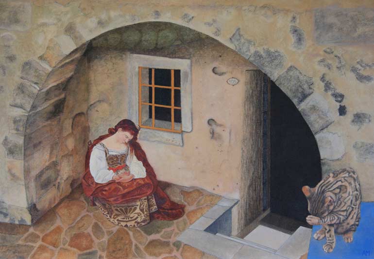 Painting of an Old Master along with Annari's Bengal cat, Bijou