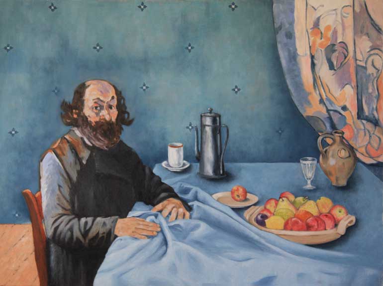 Painting of Paul Cezanne at a table lade with food and liquid refreshments, reflecting his painting style.