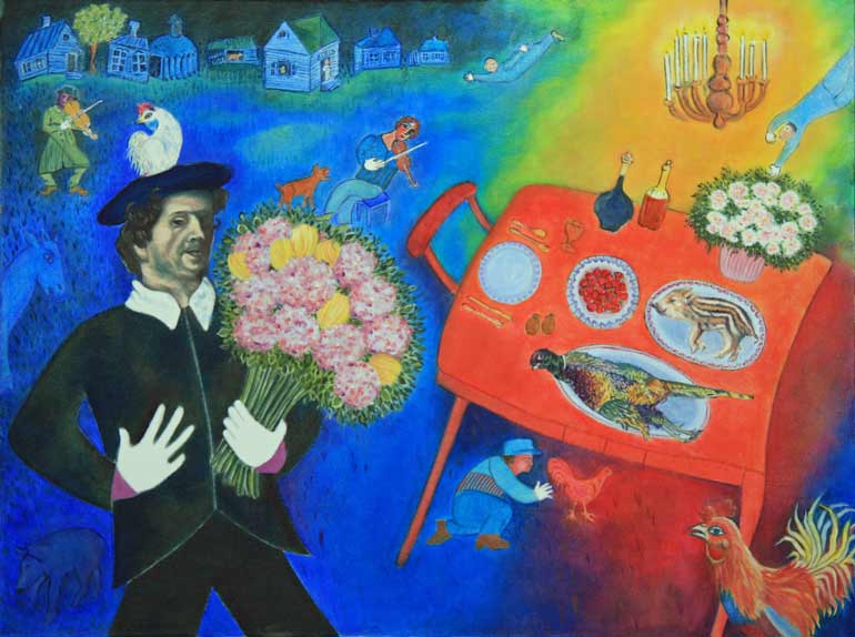 Painting of Marc Chagall at a table lade with food and liquid refreshments, reflecting his painting style.