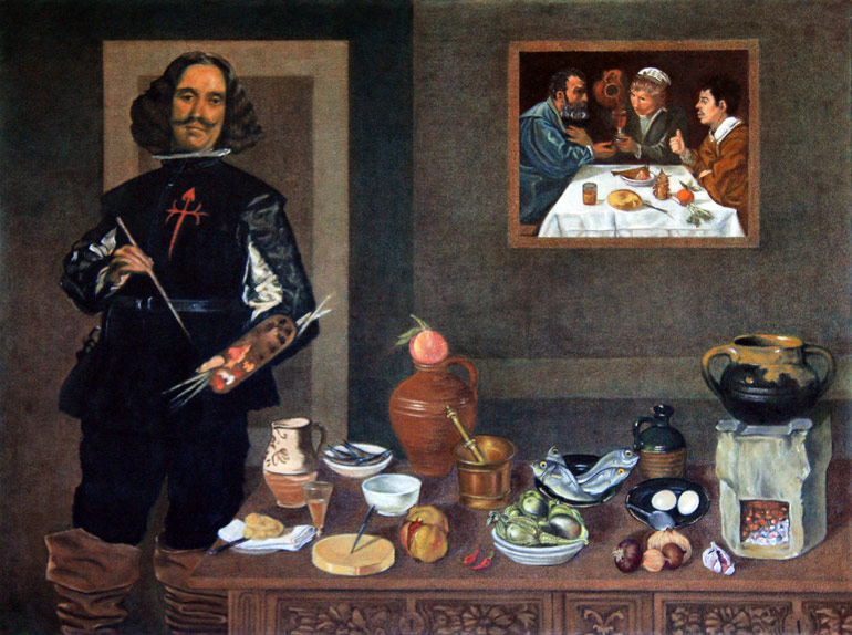 Painting of Diego Velázquez at a table lade with food and liquid refreshments, reflecting his painting style.